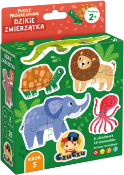 Zielone pudełko puzzli progresywnych Czuczu Dzikie Zwierzątka 2+. Widoczne zwierzęta: lew, słoń, żółw.