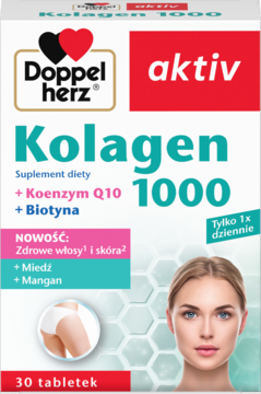 Biało-różowy suplement diety Doppelherz aktiv Kolagen 1000 na włosy i skórę, widok z przodu.