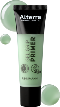 Alterra Gel Grip Primer, nawilżający podkład, jasnozielona tubka z czarną nakrętką na tle kropel.