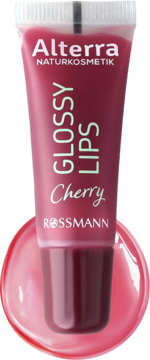 Alterra Glossy Lips Cherry, wiśniowy błyszczyk w różowej tubce, widok z przodu, na lśniącej kropli produktu.