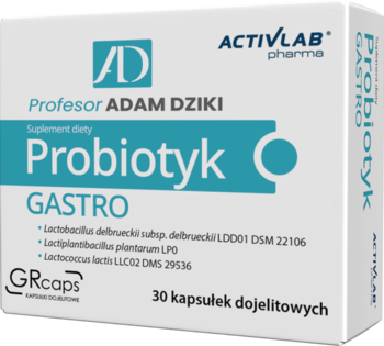 Białe opakowanie suplementu Probiotyk GASTRO Activlab, niebieskie detale, 30 kapsułek dojelitowych, widok frontalny.