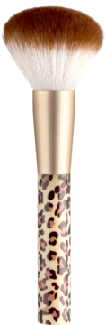 Pędzel do pudru Alterra We Love Leo. Okrągłe, brązowo-białe włosie, złota skuwka, uchwyt w panterkę.