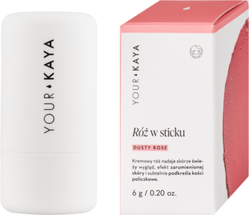 YOUR+KAYA kremowy róż w sticku Dusty Rose, biały sztyft i biało-różowe opakowanie kartonowe.