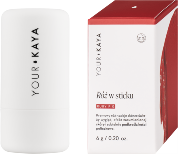 YOUR + KAYA Róż w sticku 3w1 w białym sztyfcie i czerwono-białym pudełku, widok z przodu. 6g.