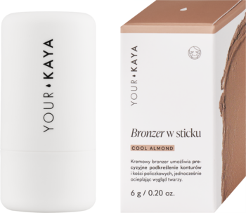 Biały bronzer w sztyfcie Your KAYA Cool Almond i jego beżowe opakowanie z brązowym swatche, widok z przodu.