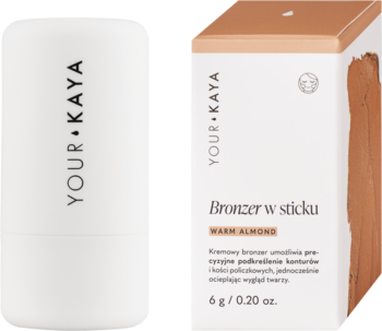 Bronzer w sticku YOUR+KAYA Warm Almond: biały sztyft obok brązowo-białego opakowania, widok z przodu.