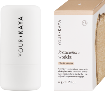 Biały rozświetlacz w sticku YOUR KAYA Pearl Glow obok beżowego pudełka, widok z przodu.