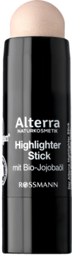 Alterra Highlighter Stick z Bio-Jojobaöl, czarny sztyft z kremowym beżowym rozświetlaczem, widok z przodu.