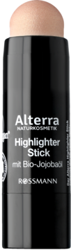 Alterra Naturkosmetik Highlighter Stick z Bio-Jojobaöl w czarnym sztyfcie, z beżowym wkładem, widok z przodu.