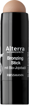 Alterra Bronzing Stick z Bio-Jojobaöl, czarny sztyft z beżowym bronzerem, widok z przodu.