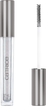 Transparentny żel do brwi i rzęs Catrice, butelka 3.7ml z srebrną zakrętką. Aplikator ze szczoteczką obok.