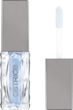 Catrice, iryzujący błękitny błyszczyk w fasetowanej butelce. Widoczny też otwarty aplikator z brokatem.