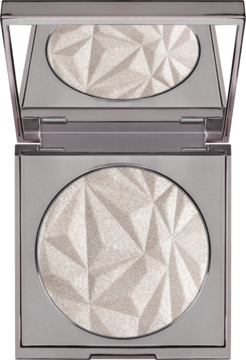 Rozświetlacz w srebrnej kasetce z lustrem, okrągła tafla z iridescentnym, geometrycznym wzorem, widok z góry.