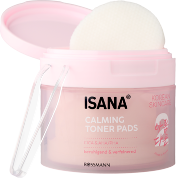 Isana Calming Toner Pads w otwartym różowym pojemniku, z widocznym białym płatkiem. Koreańska pielęgnacja z CICA & AHA/PHA.
