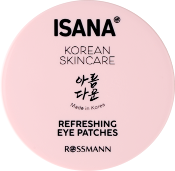 Isana odświeżające płatki pod oczy, jasnoróżowe okrągłe opakowanie z napisem 'Korean Skincare', 'Rossmann', widok z góry.