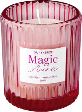 Domol Magic Aura świeca, różowy żebrowany szklany pojemnik, kwiatowo-orientalny zapach, widok z przodu.
