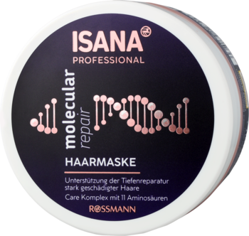 Isana Professional Molecular Repair maska do włosów w ciemnej tubce z różową grafiką DNA, widok z góry pod kątem.