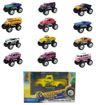 Kolekcja Welly Monster Truck Big Wheel Series: 11 cm modele aut z dużymi kołami, w tym jeden w pudełku.