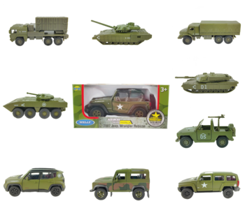 Kolekcja metalowo-plastikowych modeli wojskowych Welly Armor Squad, zielone pojazdy, w tym jeep w pudełku.