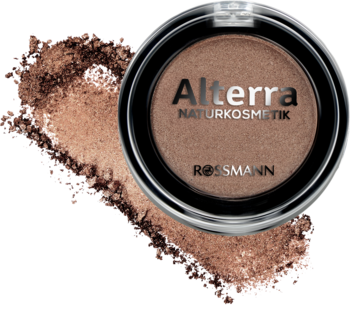 Alterra cień do powiek Mystic Bronze, brązowy mieniący się. Okrągłe opakowanie i sypki puder obok.