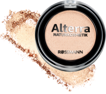 Perłowy cień do powiek Alterra Fairy Dust w czarnym kompakcie, obok widoczny rozsypany puder.