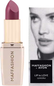 Szminka Maffashion x Avon Lip to Love w matowym odcieniu jagodowym, złota tubka z białym etui, obok częściowe pudełko.