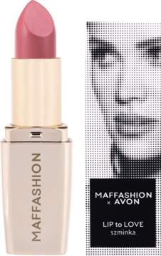 Szminka MAFFASHION x AVON LIP TO LOVE w różowym beżu, w złotej obudowie, obok pudełka. Widok z przodu.