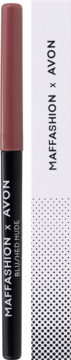 Konturówka do ust Avon Blushed Nude, brązowe opakowanie z jasną nakrętką, obok białe pudełko MAFFASHION X AVON.