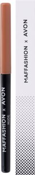 Avon Nude Konturówka do ust MAFFASHION X AVON, brązowa, pionowo obok opakowania z deseniem.