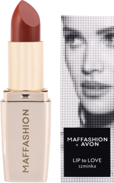 Szminka MAFFASHION x AVON w kolorze ceglastym w złotej obudowie, obok czarno-białe opakowanie z napisem LIP TO LOVE.