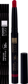Avon Power Stay Precise Lip Stylo Crimson Legacy, uncapped precyzyjna szminka 10H w czarnej oprawie, widok z przodu.