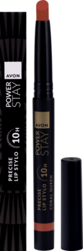 Otwarta matowa szminka Avon Power Stay Precise Lip Stylo Coral Queen, obok czarne pudełko.