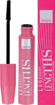 Tusz do rzęs Avon Legendarna Długość Blackest Black, różowa tuba z pędzlem i pudełko. Wydłuża i pogrubia.
