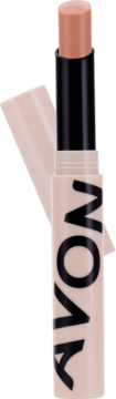 Koloryzujący balsam do ust AVON, częściowo wysunięty z beżowego opakowania, w naturalnym odcieniu nude.