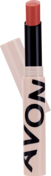 Koralowy balsam koloryzujący do ust Avon SPF 10 w beżowej tubce, z czarnym logo, widok z przodu, sztyft wysunięty.