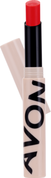 Otwarty czerwony koloryzujący balsam do ust Avon, z logo na beżowej tubce, widok z boku.