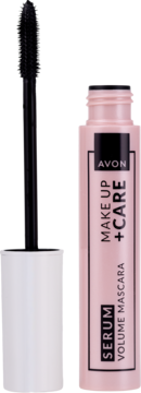 Avon Make Up + Care Serum Volume Mascara, różowa butelka z wyjętym czarnym aplikatorem, widok z przodu.