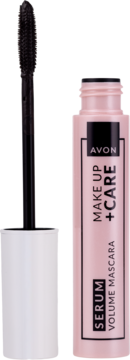 Avon Make Up + Care Serum Volume Mascara w różowej tubie z otwartym aplikatorem obok, dla objętości.