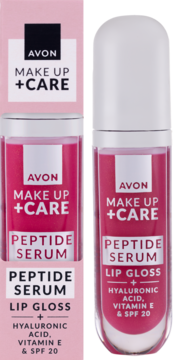 Avon Make Up + Care, różowy błyszczyk-serum z peptydami, kwasem hialuronowym i SPF 20, w pudełku i tubce.