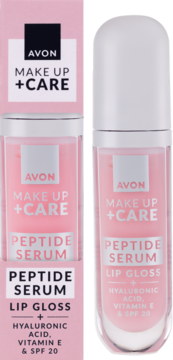 Avon Make Up + Care Peptide Serum Lip Gloss z kwasem hialuronowym i SPF 20, w różowym pudełku i butelce.