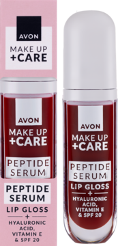 Avon Make Up + Care Peptide Serum Lip Gloss z HA, wit. E i SPF 20, czerwona butelka i różowe opakowanie.