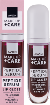 Avon Make Up + Care Peptide Serum Lip Gloss SPF 20, shown in its pink box and clear bottle, berry shade.