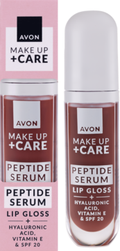 Avon Make Up + Care Peptide Serum Lip Gloss z HA, Witaminą E i SPF 20, opakowanie i butelka w kolorze nude.