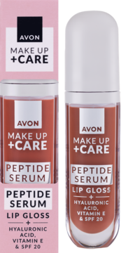 Avon Make Up + Care Peptide Serum Lip Gloss, brzoskwiniowy odcień, widok z przodu pudełka i butelki.