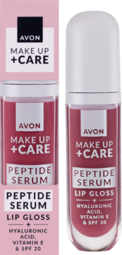 Opakowanie i butelka Avon Make Up + Care Peptide Serum Lip Gloss + SPF 20, różowo-białe, widok z przodu.