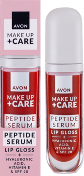 Avon Make Up + Care Peptide Serum Lip Gloss Ruby Drip, czerwony, w tubce z białym aplikatorem, obok różowego pudełka.