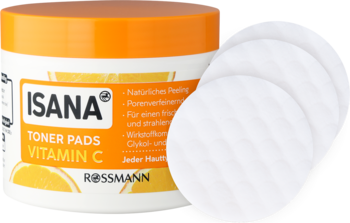 ISANA Vitamin C Toner Pads, białe opakowanie z pomarańczową nakrętką i stosikiem białych wacików, widok z przodu.