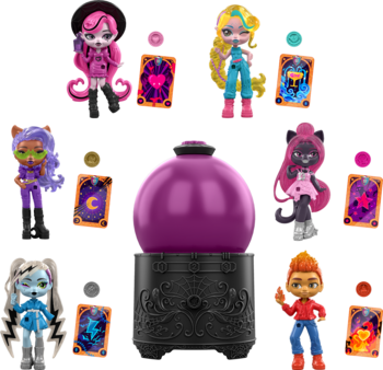 Zestaw 6 kolorowych figurek niespodzianek z kartami, otaczających duży fioletowy kociołek na ozdobnej podstawie.