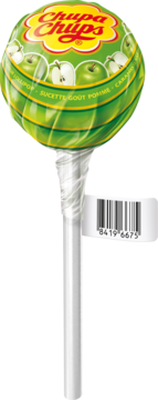 Zielony lizak Chupa Chups o smaku jabłkowym, z grafiką jabłek, żółtym logo, na jasnym tle, widok z przodu.