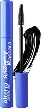 Alterra Waterproof Mascara w niebieskiej tubie, z wyjętą szczoteczką i widocznym czarnym tuszem.